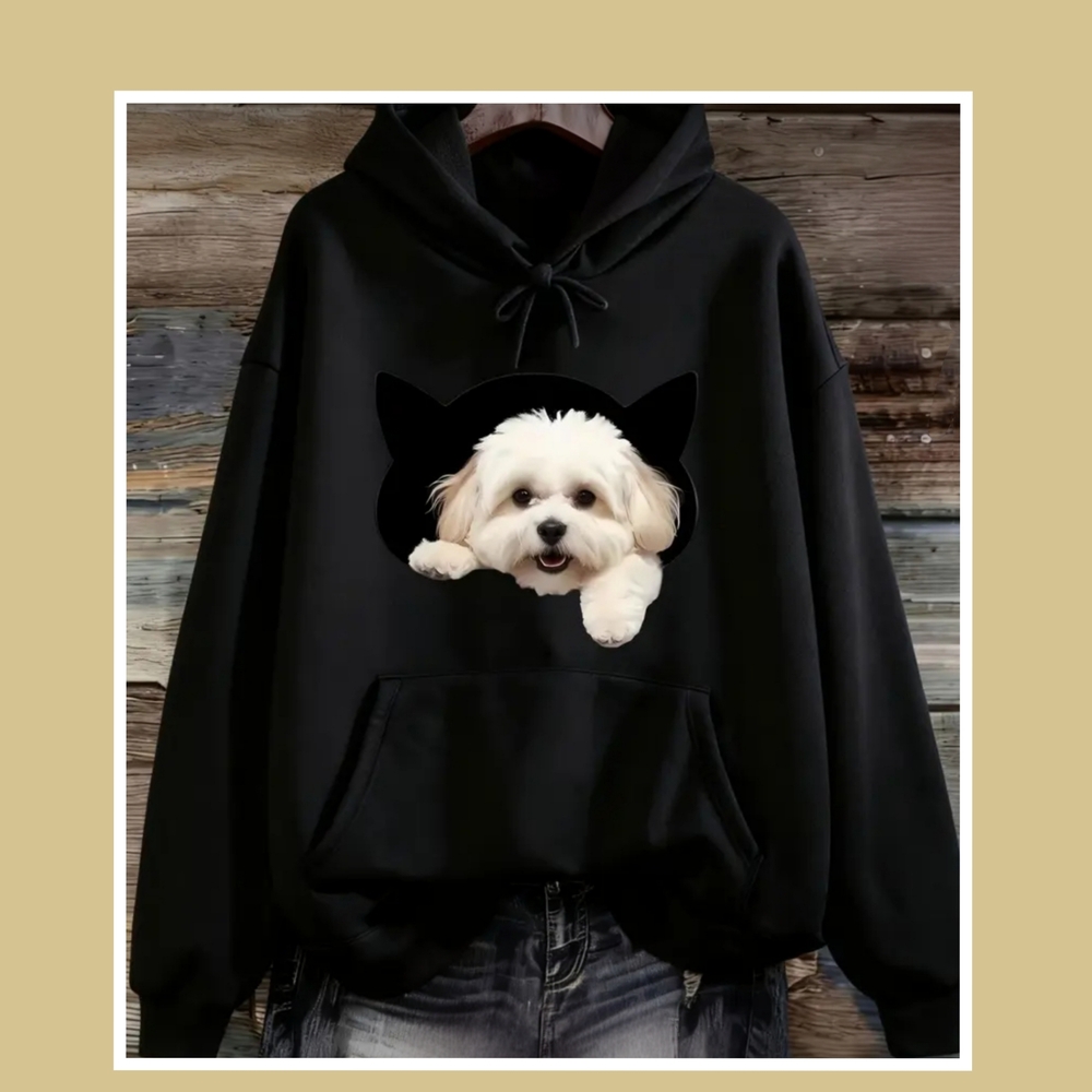 Black Hoodie with Cute Dog Print 🐶-XL